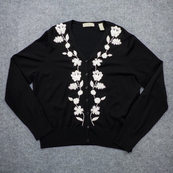 Kate Hill Black Knit Cardigan Floral Embroidered Romantic Vintage Boho Size XL - Picture 4 of 14